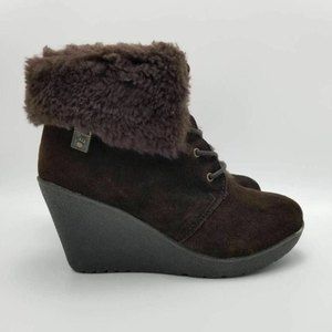 BEARPAW Flatiron Sheepskin Leather Suede Wedge Boots Brown Size 7